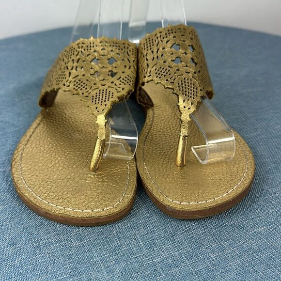 Tory Burch Roselle Metallic Gold Laser Cut Thong Sandals Size 6.5 - Picture 3 of 6